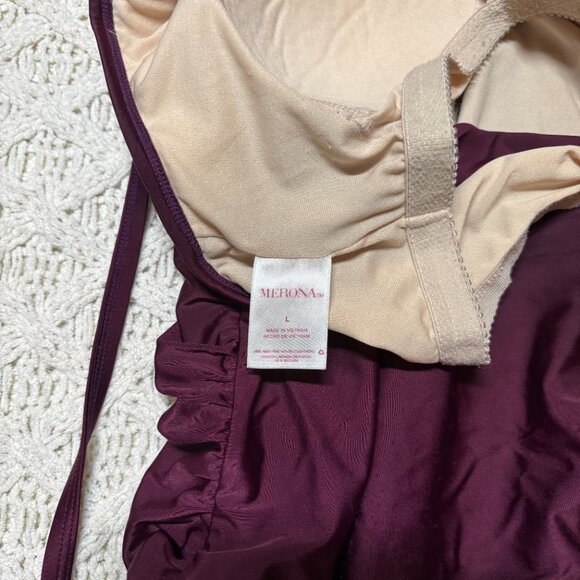 Merona Burgundy One-Piece Swimsuit with Laser Cut Halter – Women’s L - Picture 9 of 9